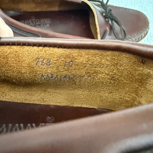 Minnetonka Leather Loafer Men Size 10 Moccasin Boat Shoe Rubber Sole Brown 768 - Picture 12 of 12